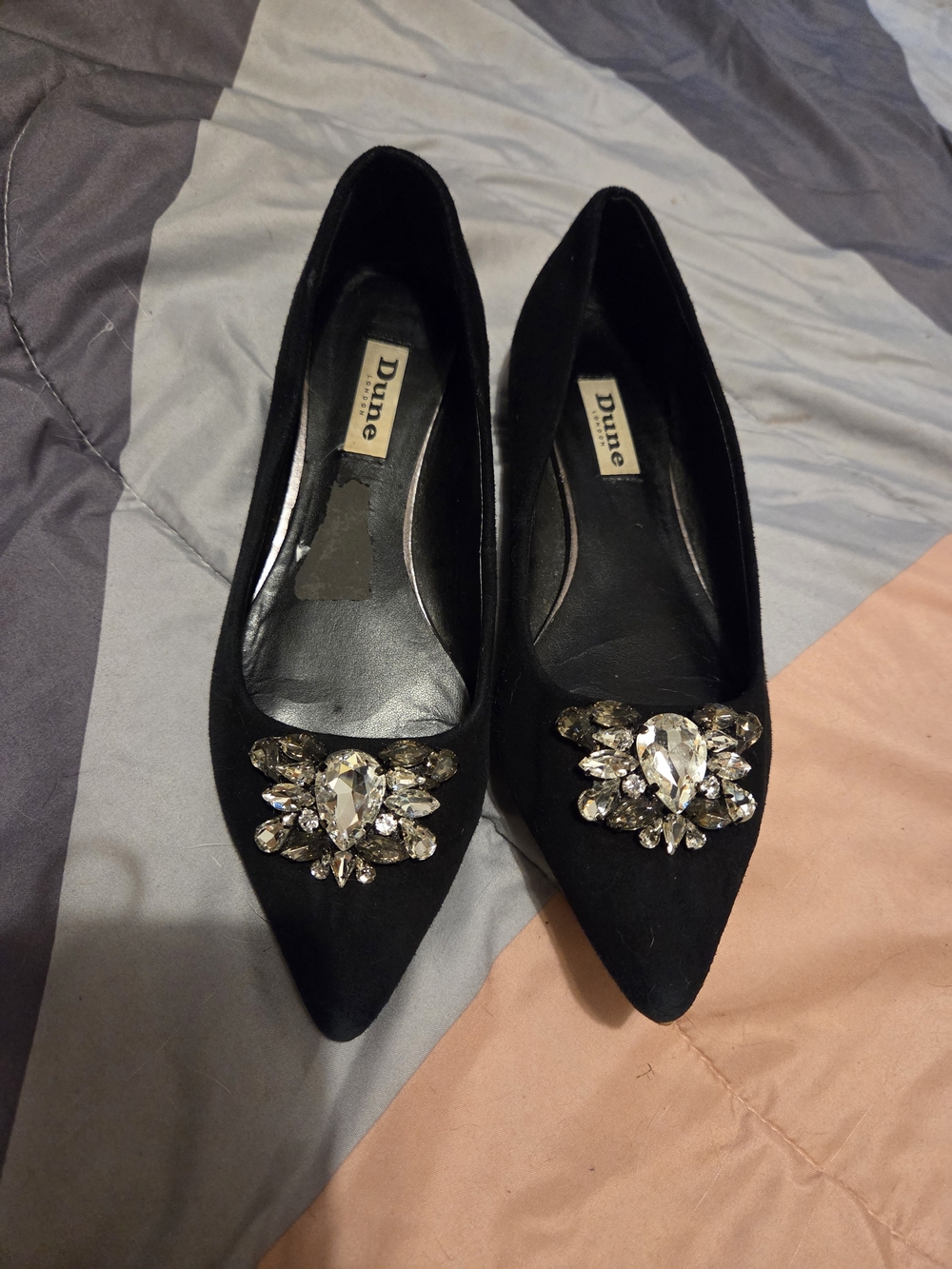Dune London Black Pointed Toe Jewel-Embellished Flats